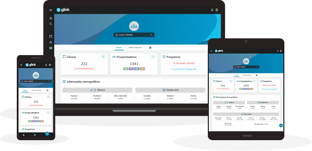 Mockups do Glink em diferentes dispositivos - desktop, tablet e celular